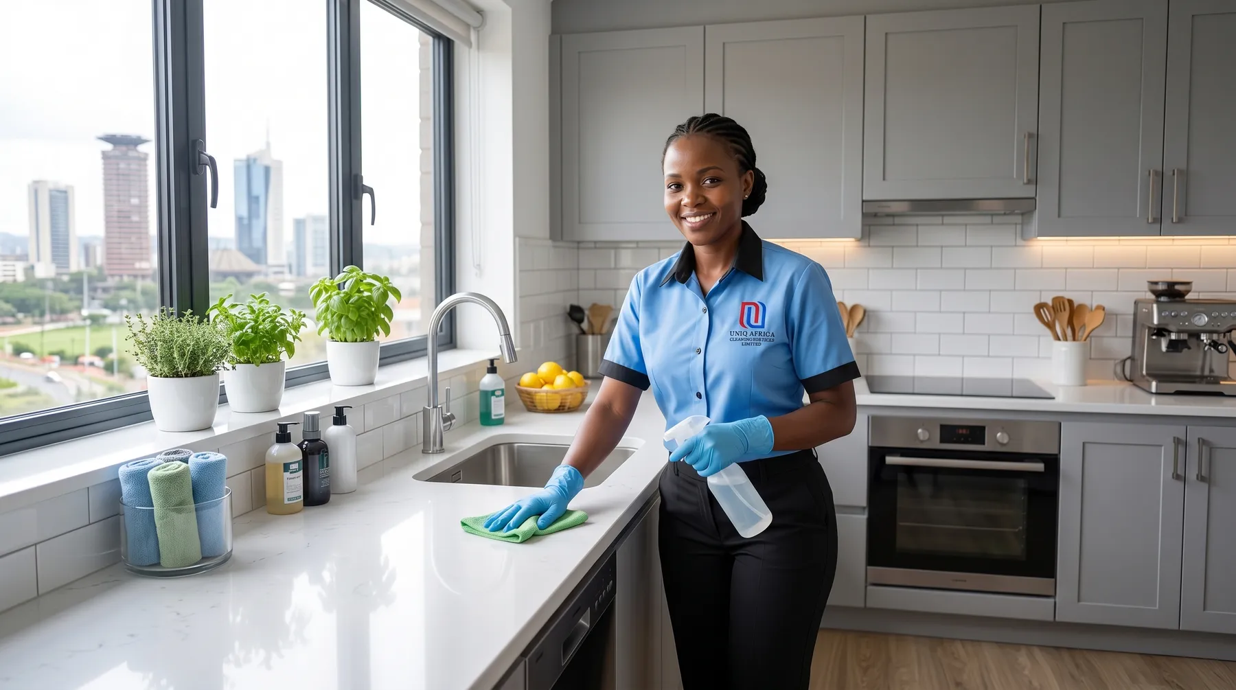 UNIQ AFRICA cleaner detailing a modern kitchen with a view of Nairobi
