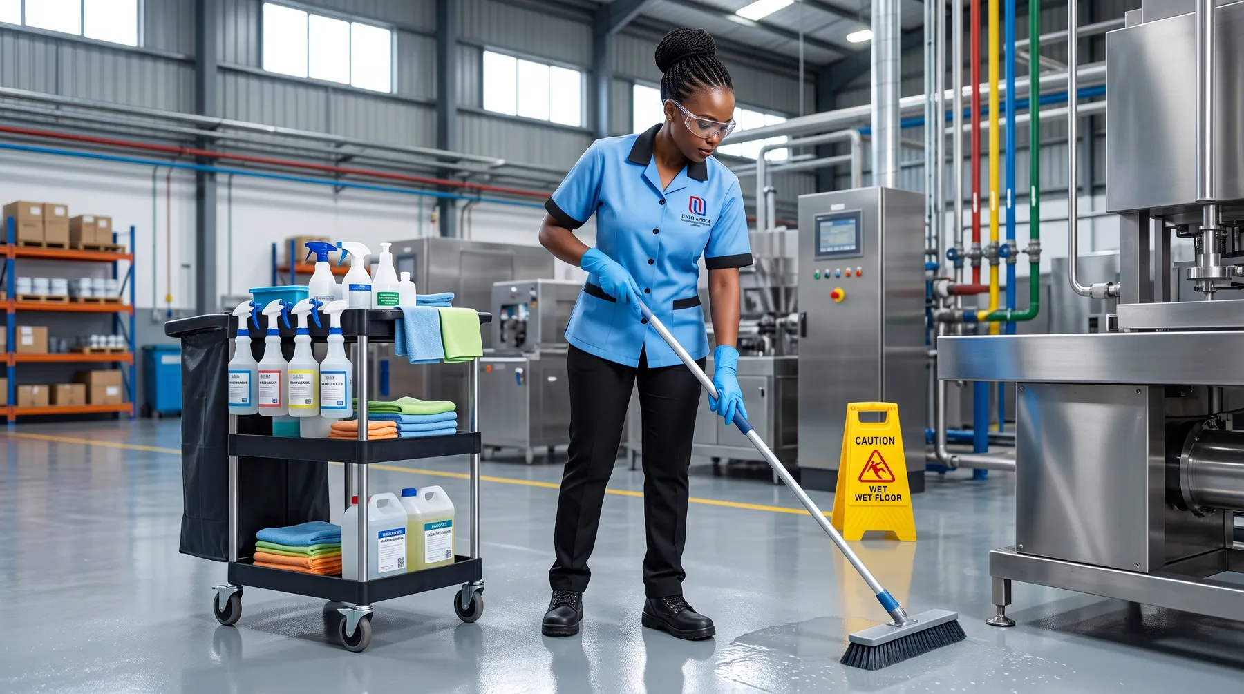 UNIQ AFRICA technician cleaning a factory floor beside a branded janitorial cart