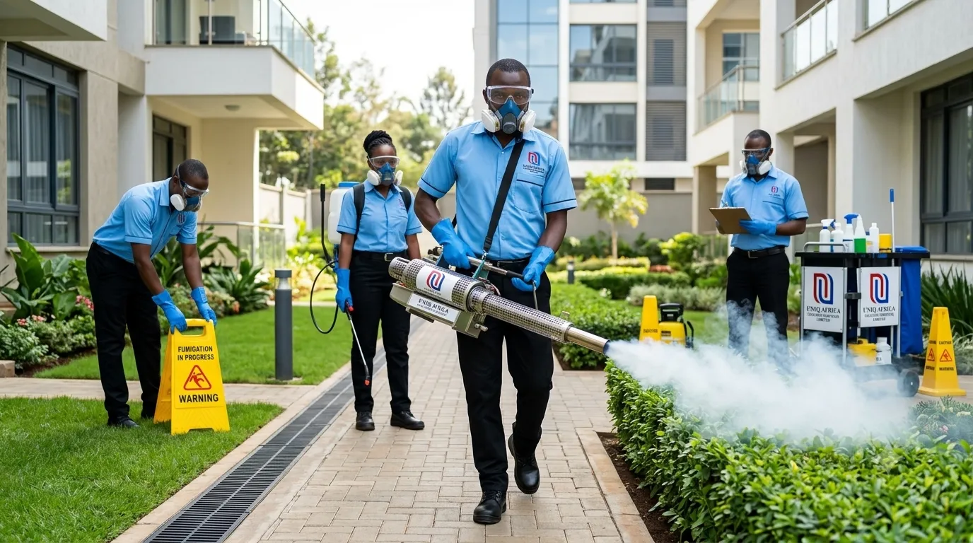 UNIQ AFRICA fumigation team in protective gear treating a residential compound