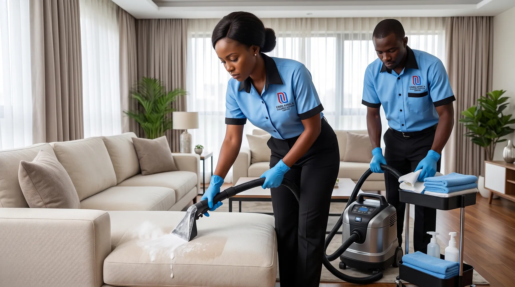 UNIQ AFRICA team deep-cleaning a sofa set with extraction equipment